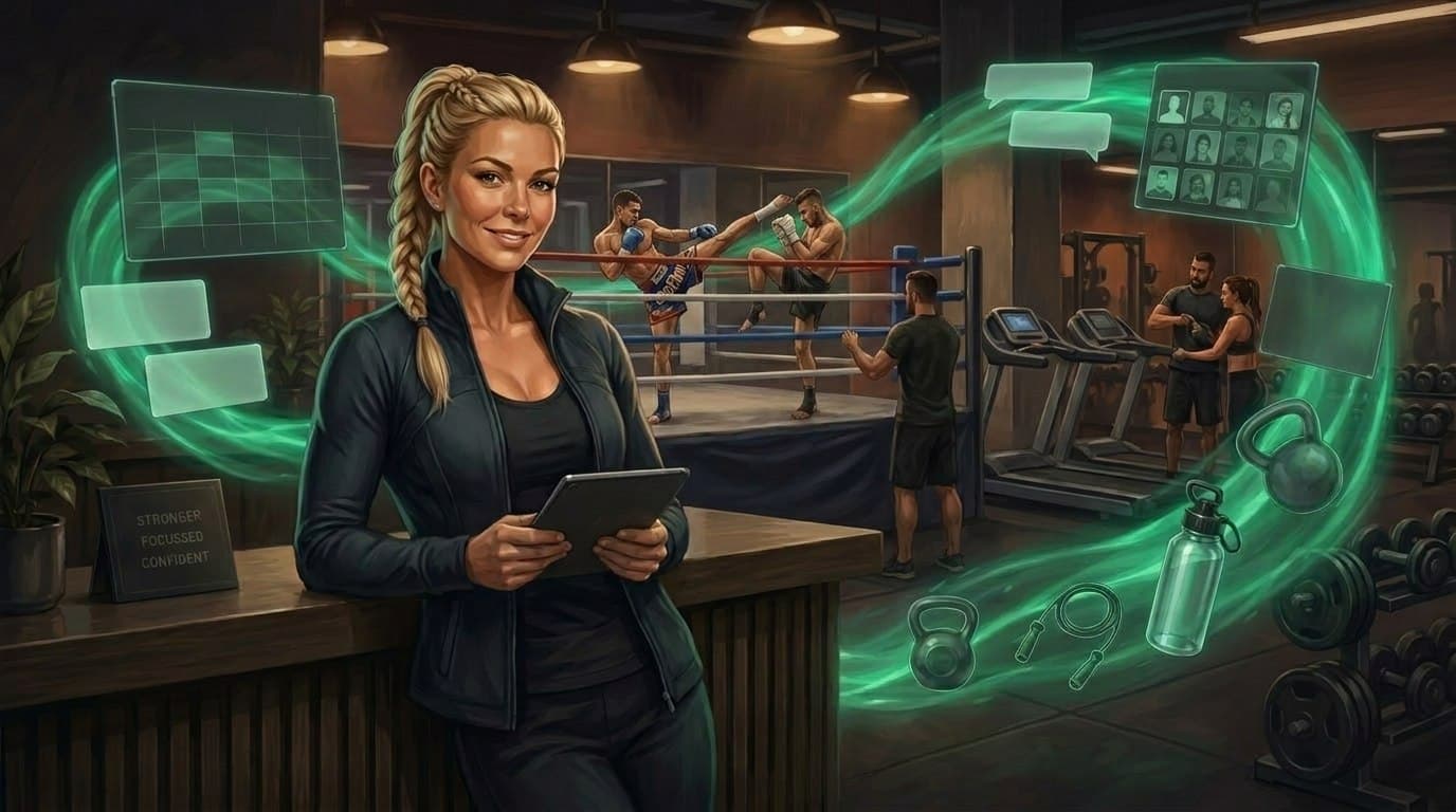 A club owner runs the gym from a tablet at the front desk: behind her — a ring, machines and a trainer with members, and a green stream flows out from her with the schedule, the club app and the member base: the gym runs as her own system on her brand.